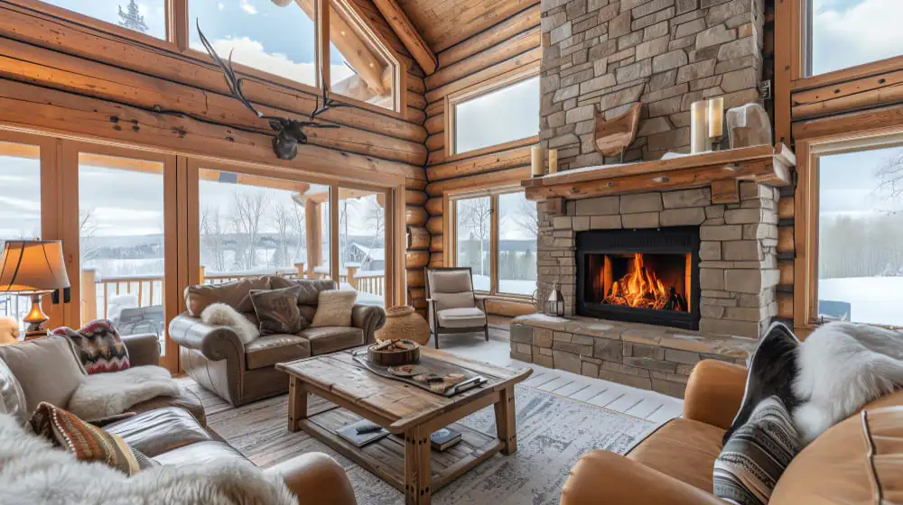 Salon avec cheminée dans un chalet de luxe