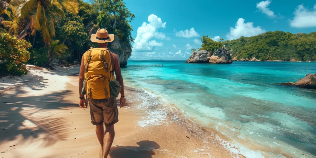 Un homme voyage sur une ile paradisiaque