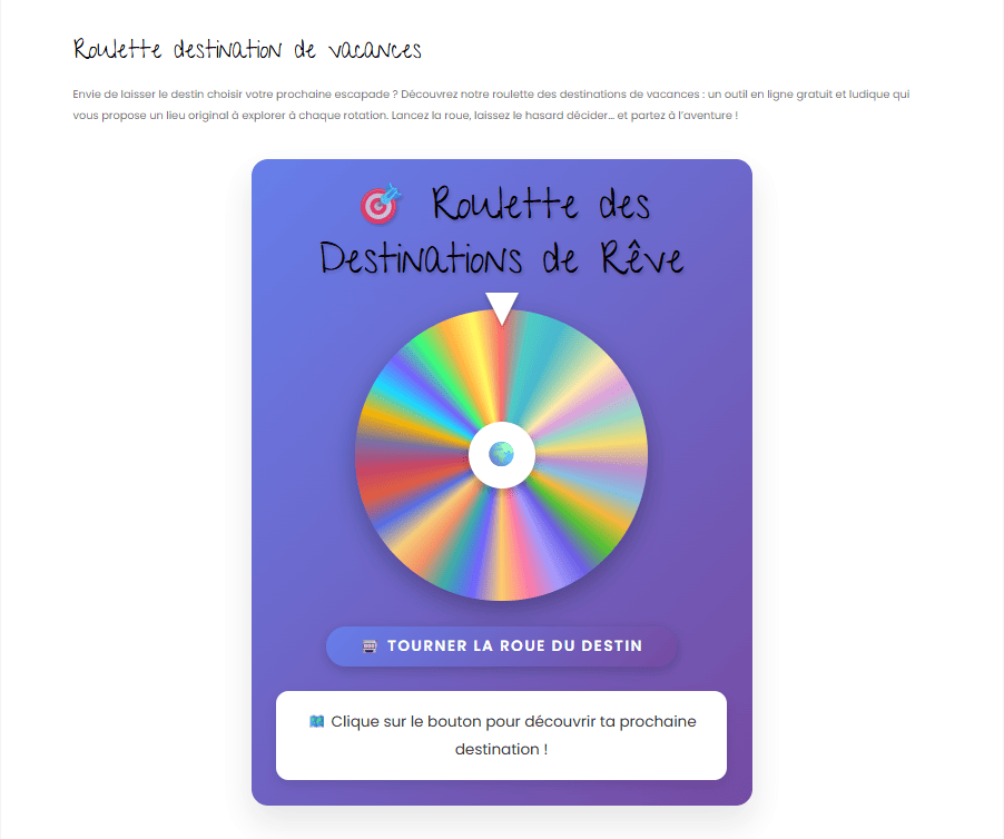 Capture d'écran de la roulette destination vacancesmania.com