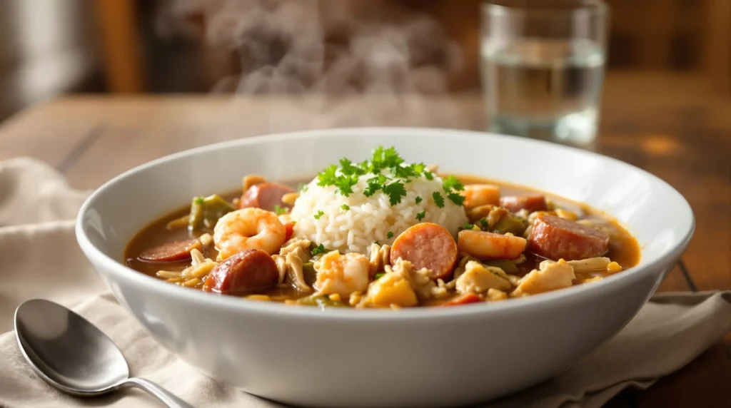 Bol de gumbo louisianais fumant aux crevettes, saucisse andouille et riz blanc, plat officiel de Louisiane
