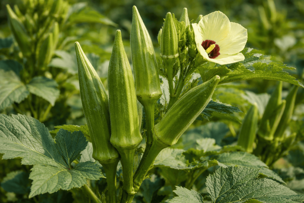 Plant de gombo okra avec ses gousses vertes allongées et sa fleur jaune caractéristique