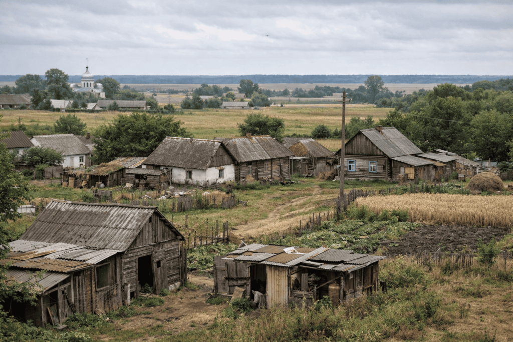 Granges et maisons traditionnelles en bois du village de Horile, oblast de Soumy, Ukraine