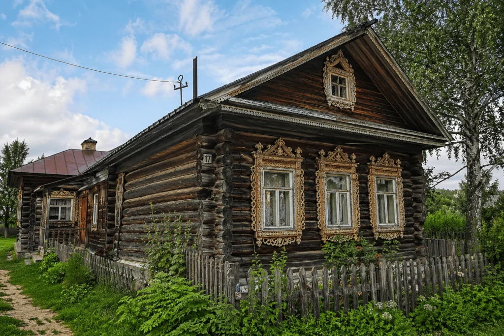 Isba en bois traditionnelle dans le village de Lenkino, oblast de Smolensk en Russie