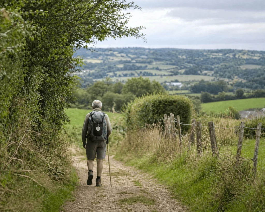 Pèlerin marchant sur le chemin de Compostelle depuis la Normandie, sac à dos