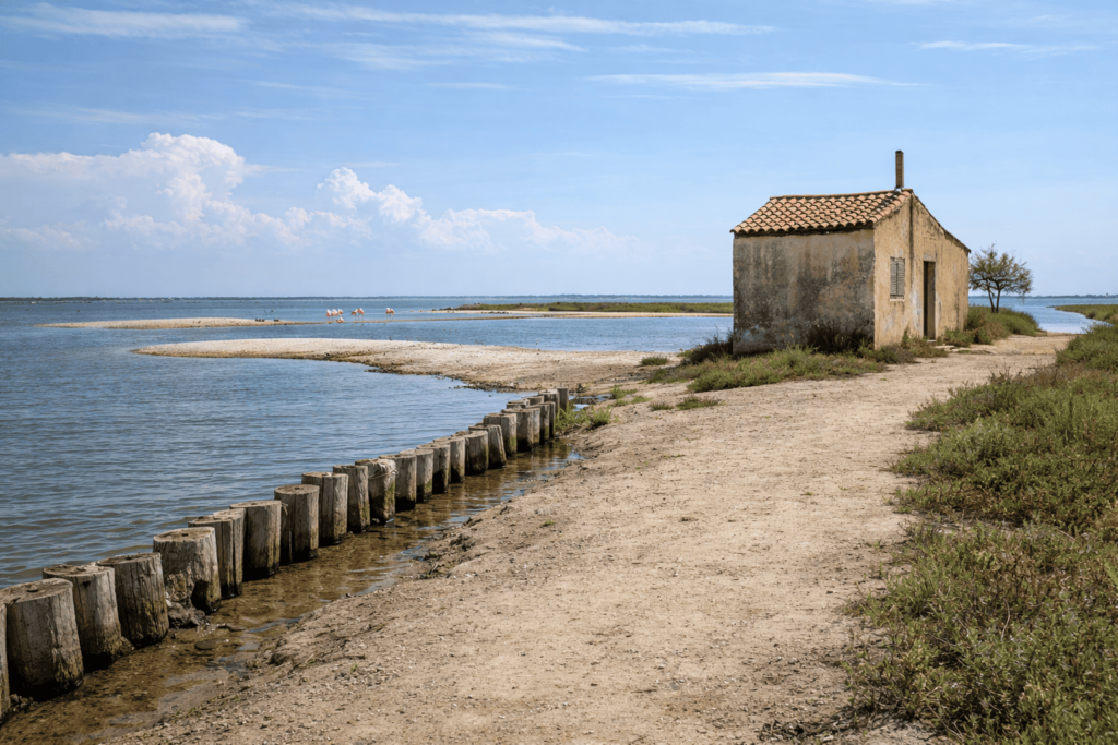 Cabane de pêcheur et pieux en bois à la pointe du Salaison, étang de l'Or, Mauguio Hérault