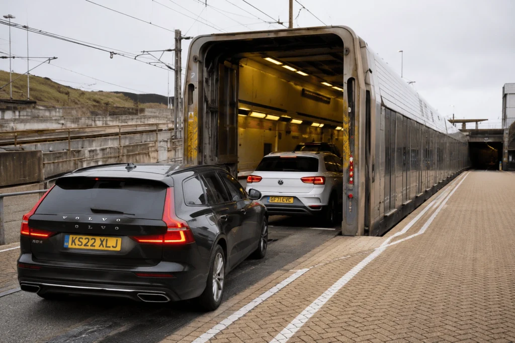 Voitures en train d'embarquer dans un wagon LeShuttle au terminal Eurotunnel