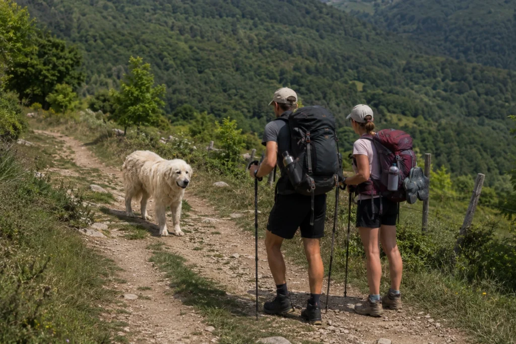 Deux pèlerins avec bâtons de randonnée face à un patou sur le chemin de Compostelle 