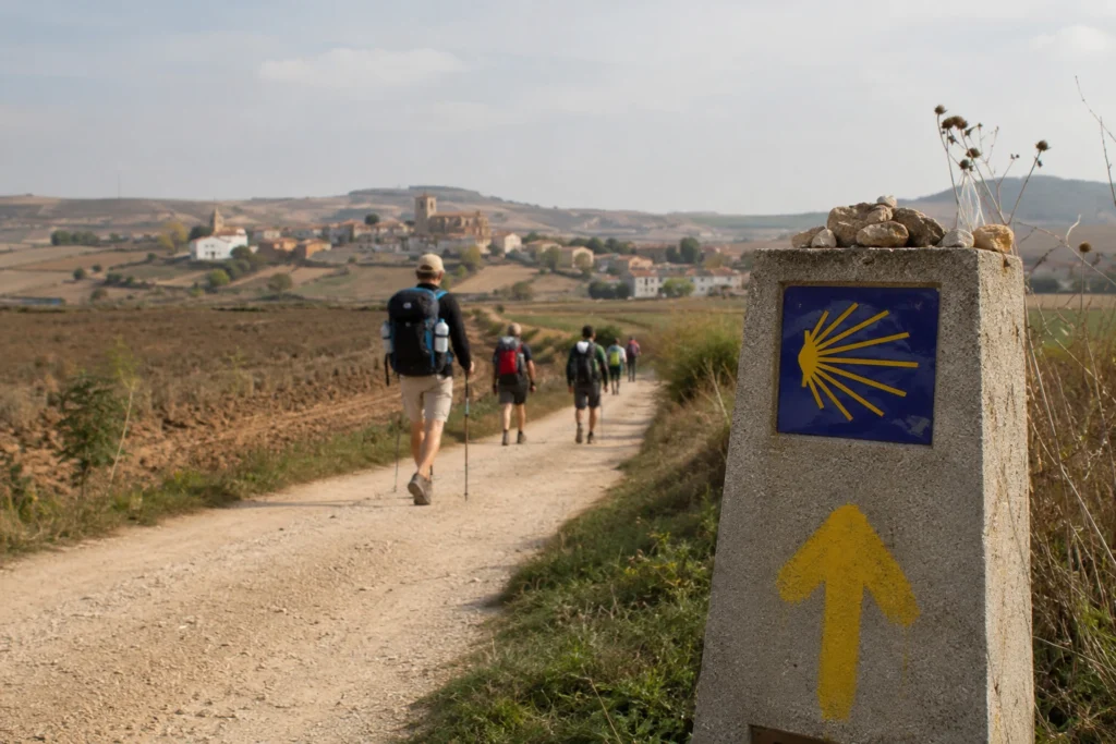 groupe de randonneurs marchant sur le chemin de compostelle