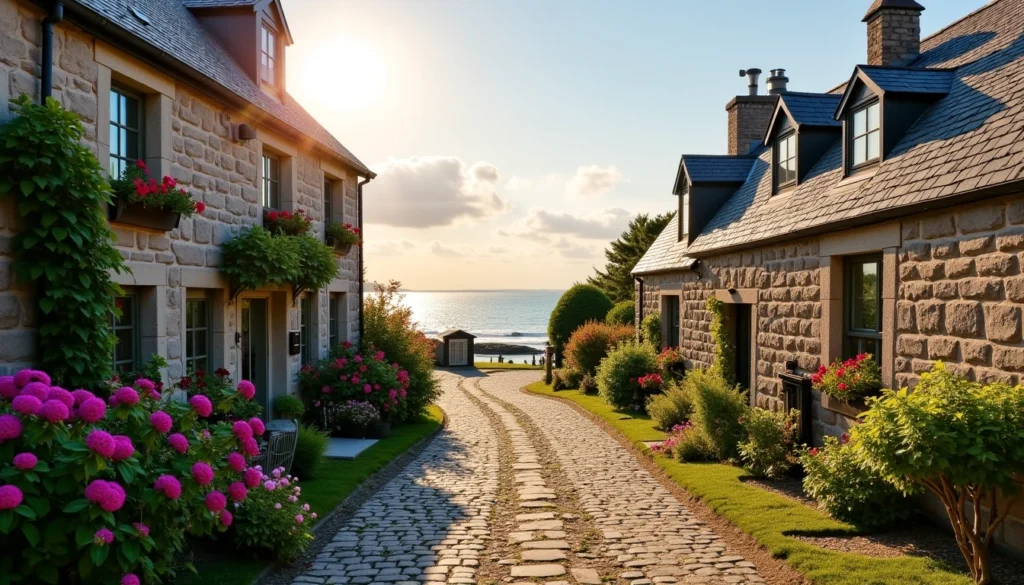 une rue d'un jolie village de bretagne avec vue sur la mer